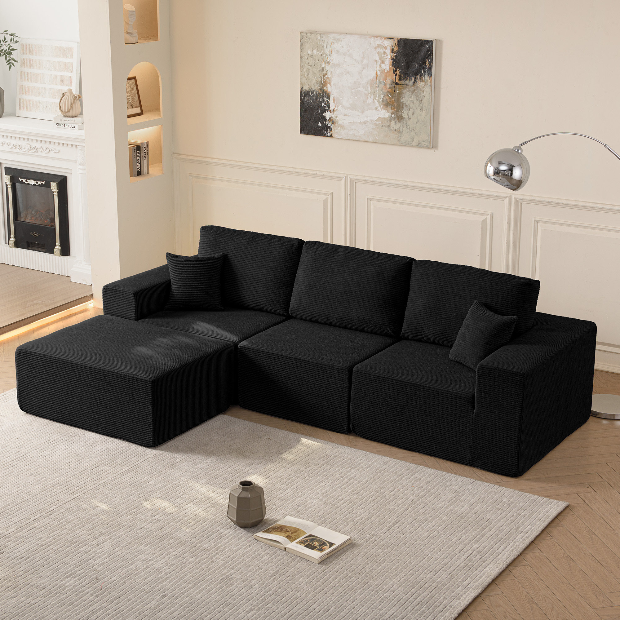 Wrought Studio Corduroy Modular Sectional Sofa with Chaise & Pillows